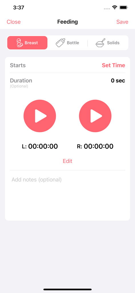 Newborn Tracker Baby App adamo - Adamoベビートラッカーアプリの母乳育児記録画面。左右のタイマーが表示されています。