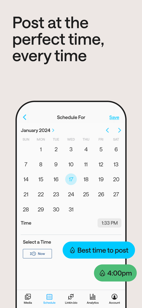 Later: Social Media Scheduler - Screenshot der Later-App-Oberfläche, die einen Kalender zur Planung von Social-Media-Posts mit einer Empfehlung für die beste Posting-Zeit zeigt.