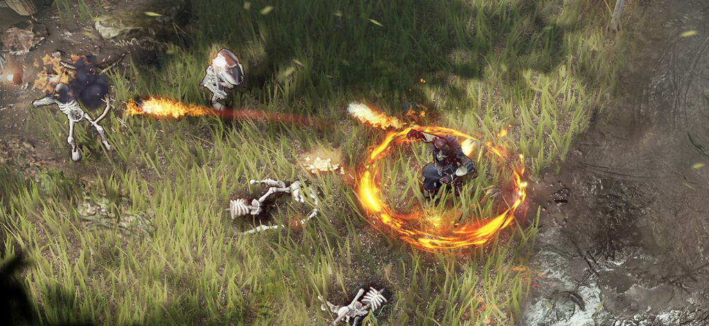 Shadowborn - Top down gameplay of a hero using a fire ring skill to fight skeletons in a grassy field
