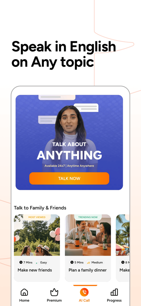 Interface of SpeakX app showing AI powered English speaking practice with various conversational topics