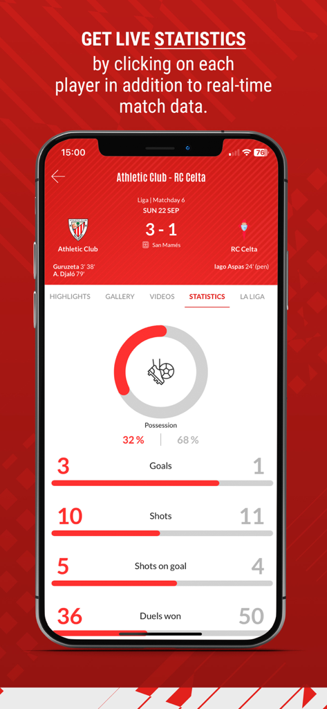 Smartphone screen showing live football match statistics and real time data in the Athletic Club official app