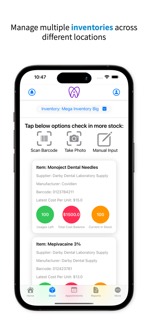 Dental Inventory - Dental Inventory app interface displaying stock tracking for dental supplies with options to scan barcodes and take photos