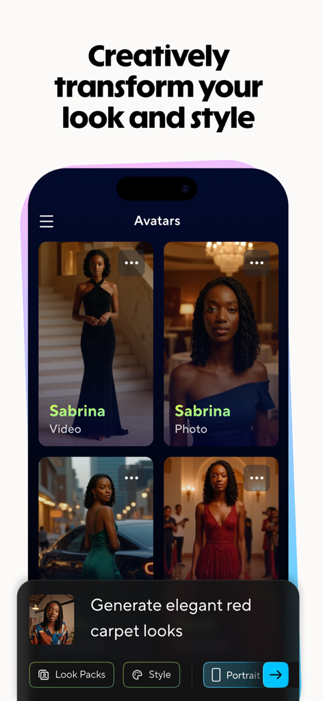 プロフェッショナルでエレガントなレッドカーペットルックのためのAIアバターのスタイル変換を表示するHeyGenアプリインターフェース。