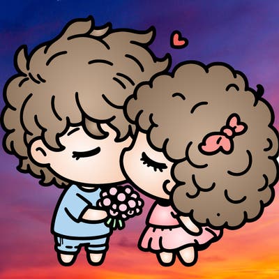 a fluffy hair boy kissing a curly hair girl