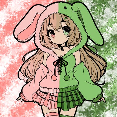 pretty anime girl wearing a fluffy hoodie with bunny ears on the hood and a skirt