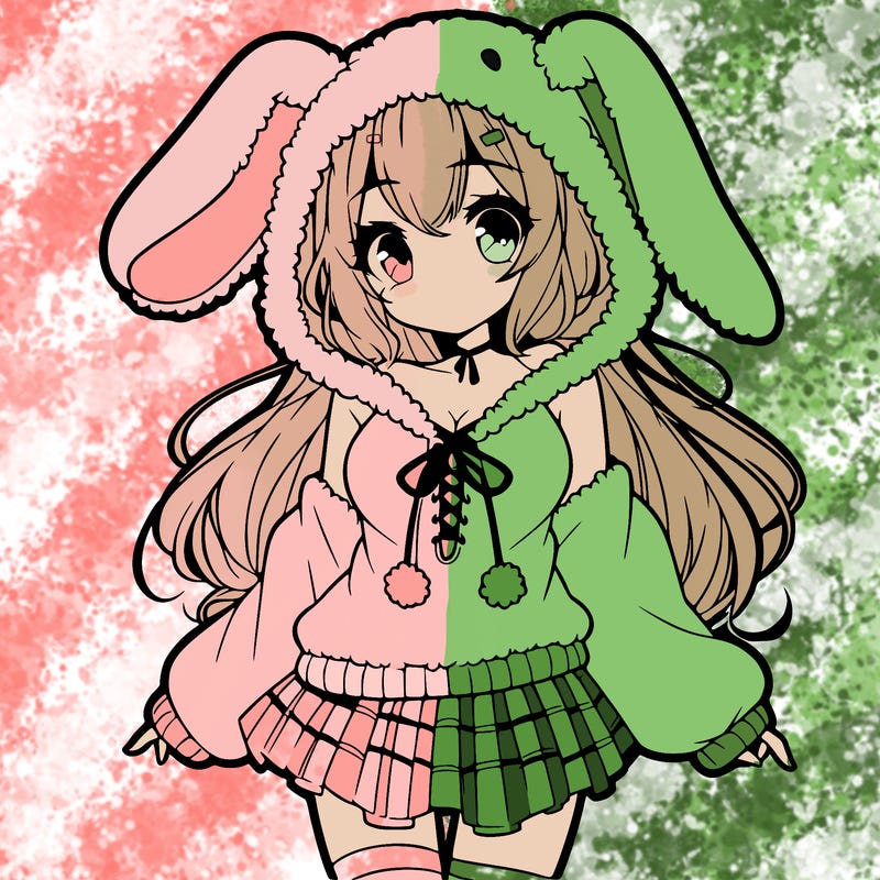 pretty anime girl wearing a fluffy hoodie with bunny ears on the hood and a skirt
