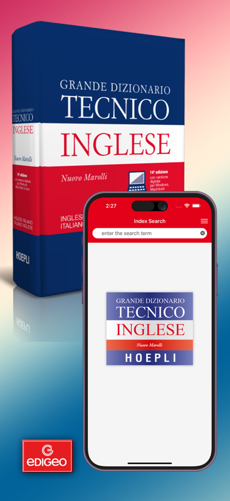 Marolli Technical Dictionary - Marolli Technical Dictionary app interface shown on a smartphone next to its physical book counterpart