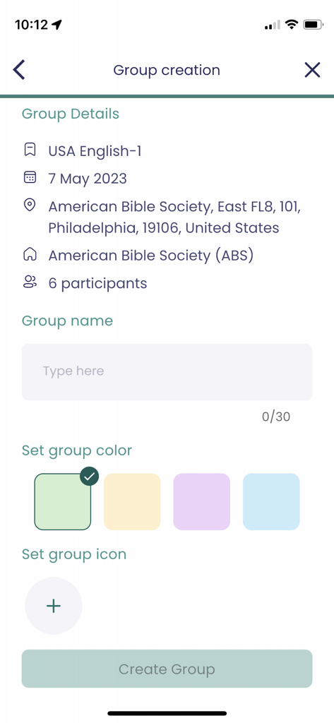 THI Mobile App - The group creation screen of the THI app showing details for setting up a healing group with name, color, and location options