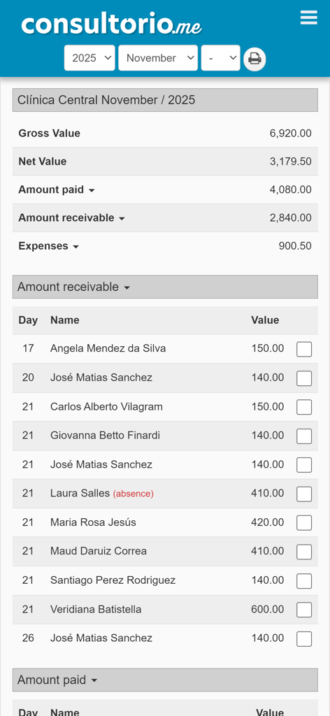 Financial management screen of Consultorio.me showing clinic revenue, expenses, and patient payment status