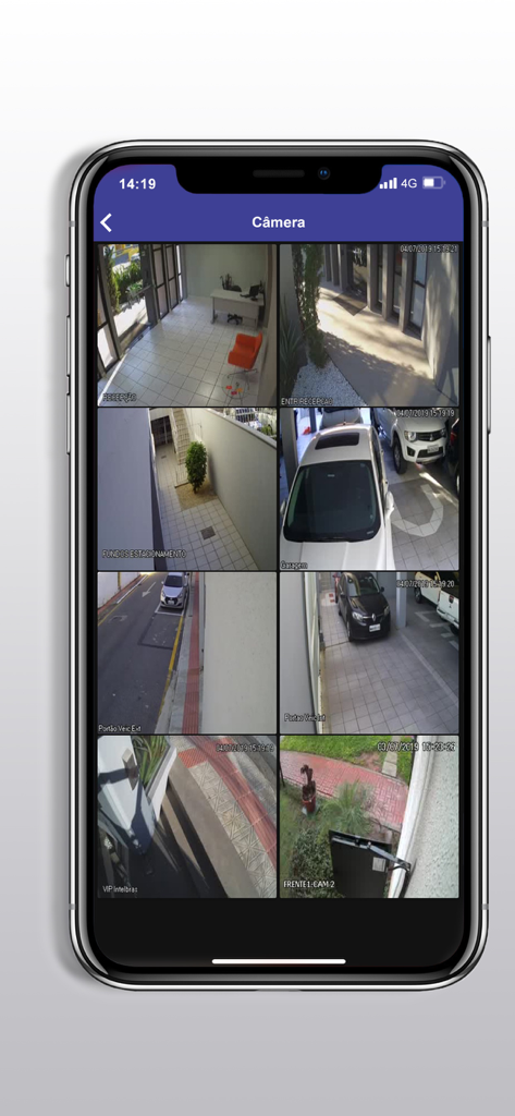 Excel Condomínio Digital - Uno smartphone che visualizza otto feed di telecamere di sicurezza dal vivo all'interno dell'app Excel Condominio Digital.