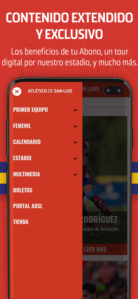 Atlético de San Luis - A screenshot of the Atlético de San Luis mobile app displaying its side navigation menu with links to team info, tickets, and exclusive content.