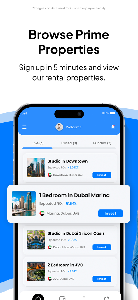 SmartCrowd 앱 인터페이스에 예상 ROI가 포함된 두바이 부동산 투자 목록이 표시됩니다.