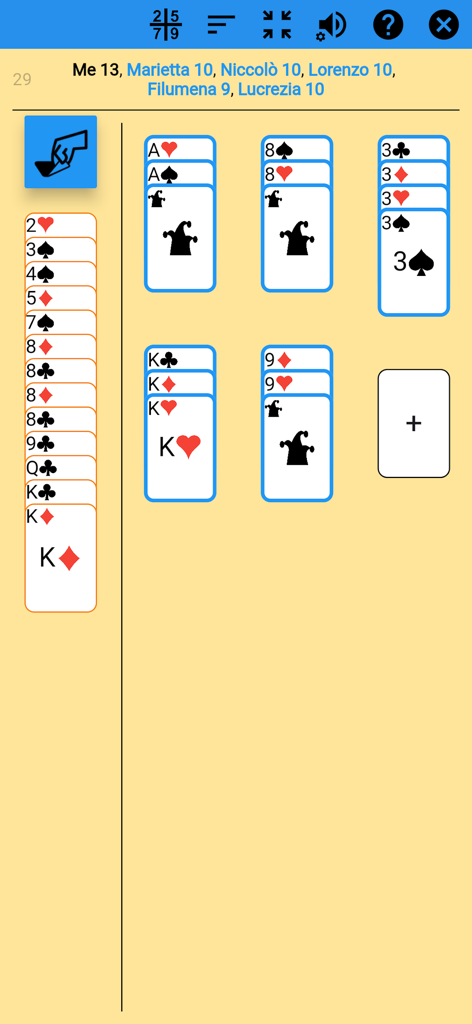 Machiavelli Card Game - Gameplay interface of the Machiavelli card game showing organized card sets and player hand