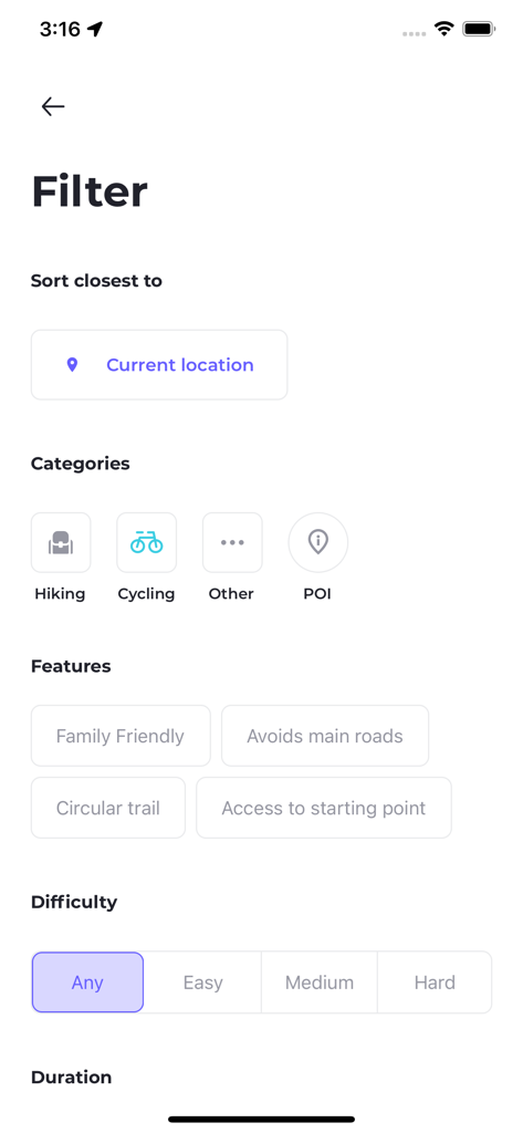 Monolit2Go - Filter interface of the Monolit2Go app showing trail categories features and difficulty levels for outdoor activities in Slovenia