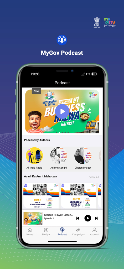 The podcast section of the MyGov India app showing various audio programs and guest authors.