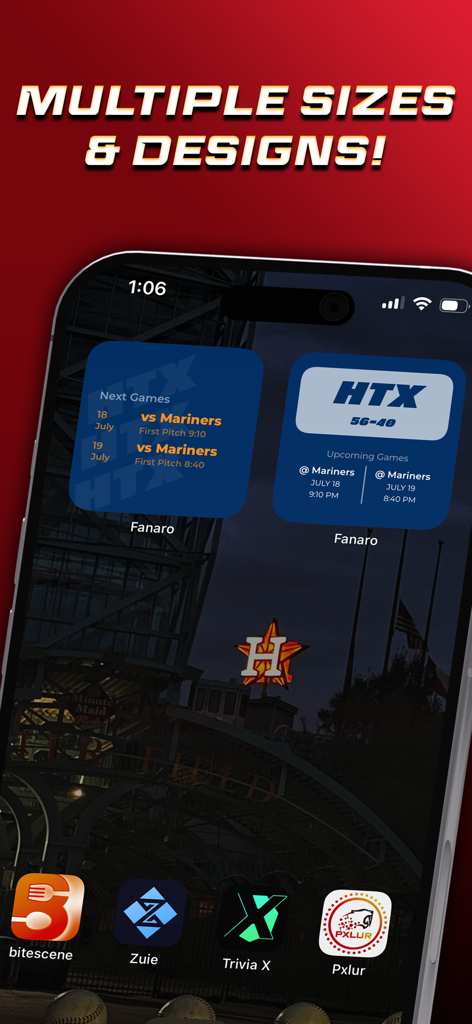 Fanaro: Sports Widgets - Widgets deportivos de Fanaro que muestran próximos partidos en múltiples tamaños y diseños en una Pantalla de Inicio de iPhone