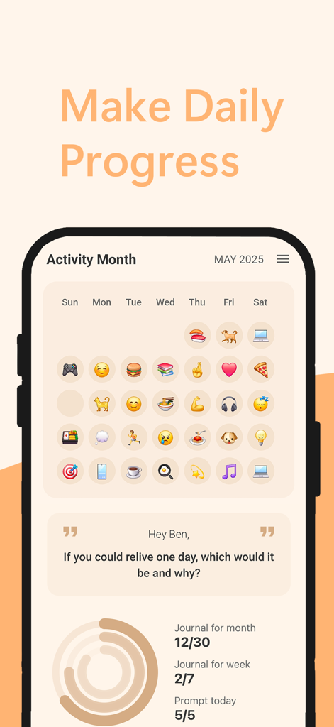 Nostalgia: Journal & Diary - Interfaz de la aplicación Nostalgia mostrando un calendario mensual basado en emojis y estadísticas de progreso de diario