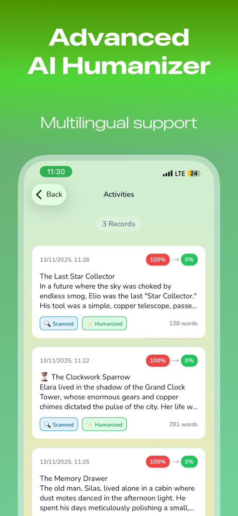 Natural Write - Humanize AI - List of rewritten text activities in the Natural Write app showing AI detection reduction from 100 percent to 0 percent.
