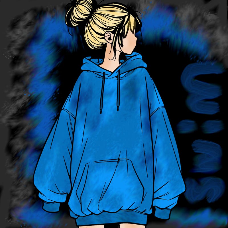 realistic girl with a oversized sweatshirt on and a bun