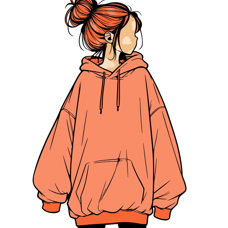 realistic girl with a oversized sweatshirt on and a bun