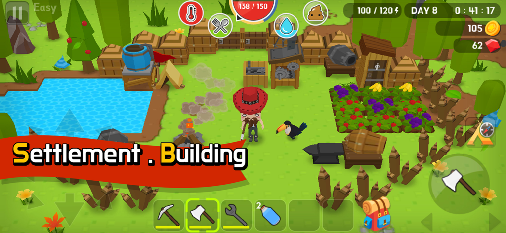 Mine Survival - Mine Survival gameplay showing a settlement with buildings, character, farm, and survival UI icons