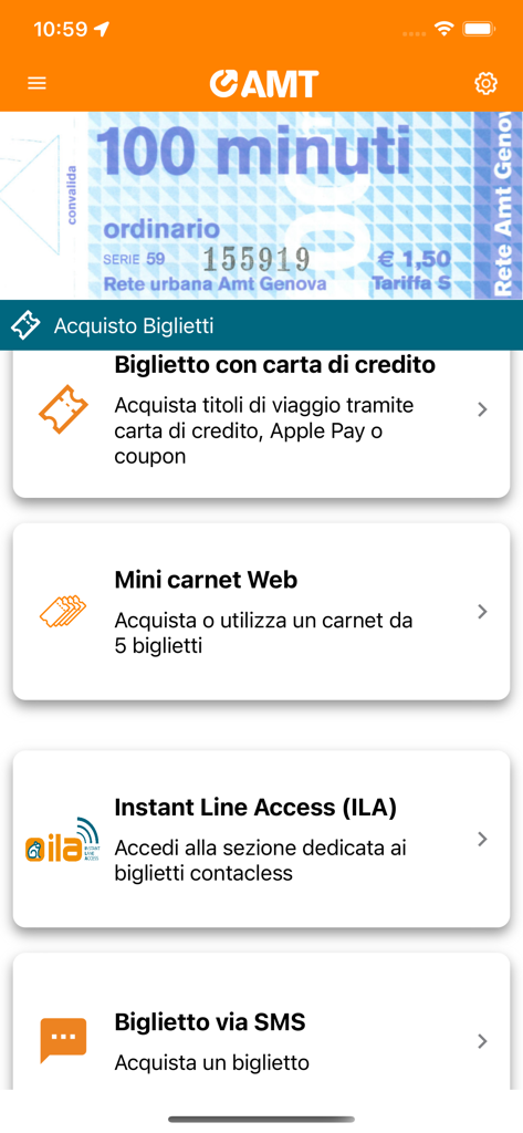 AMT Genova app interface showing various mobile ticket purchase options including credit card and Apple Pay
