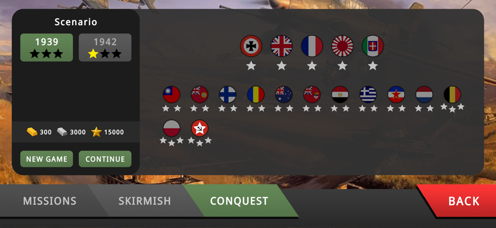 Pocket Panzers conquest mode selection screen showing historical scenarios for 1939 and 1942 with various national faction icons