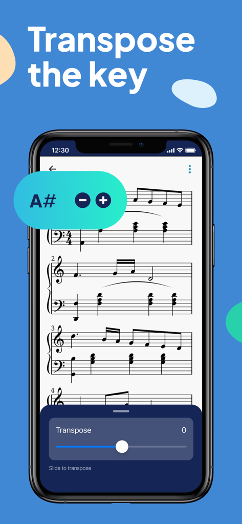 Sheet Music Reader Halbestunde - キー移調コントロールが付いた楽譜を示すHalbestundeアプリのインターフェイス