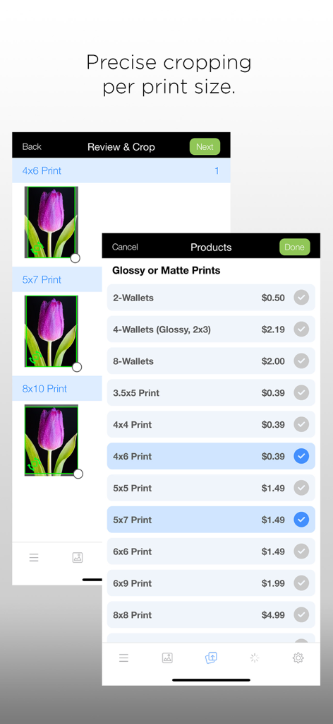 Interface de l'application Photolab London Drugs montrant le recadrage des photos pour différents formats d'impression et une liste de produits des tirages photo disponibles