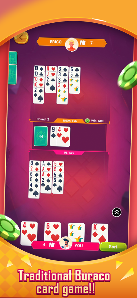 Buraco  Card Game - 伝統的なマッチのカードシーケンスとプレイヤーのスコアを示すブラコ カードゲームのゲームプレイ画面