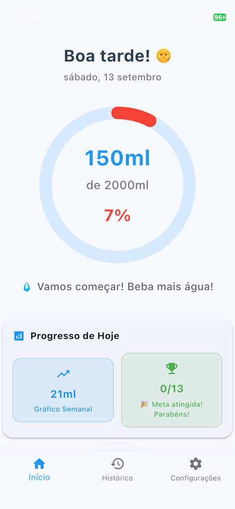 Beba Agua app home screen showing water intake progress and daily goals