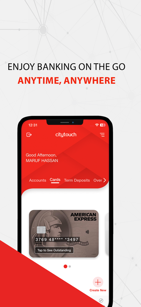 Citytouch - Citytouch mobile banking app interface showing a dashboard with user greeting and an American Express card