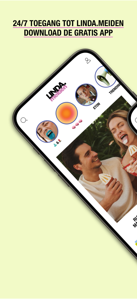 LINDA.meiden - A smartphone displaying the LINDA.meiden app home screen with lifestyle stories and articles for young women