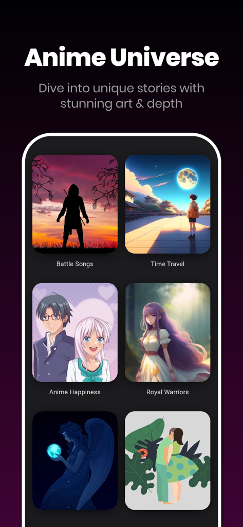 Aplicación móvil AnimeHub que muestra una colección de géneros e historias de anime en un diseño de cuadrícula