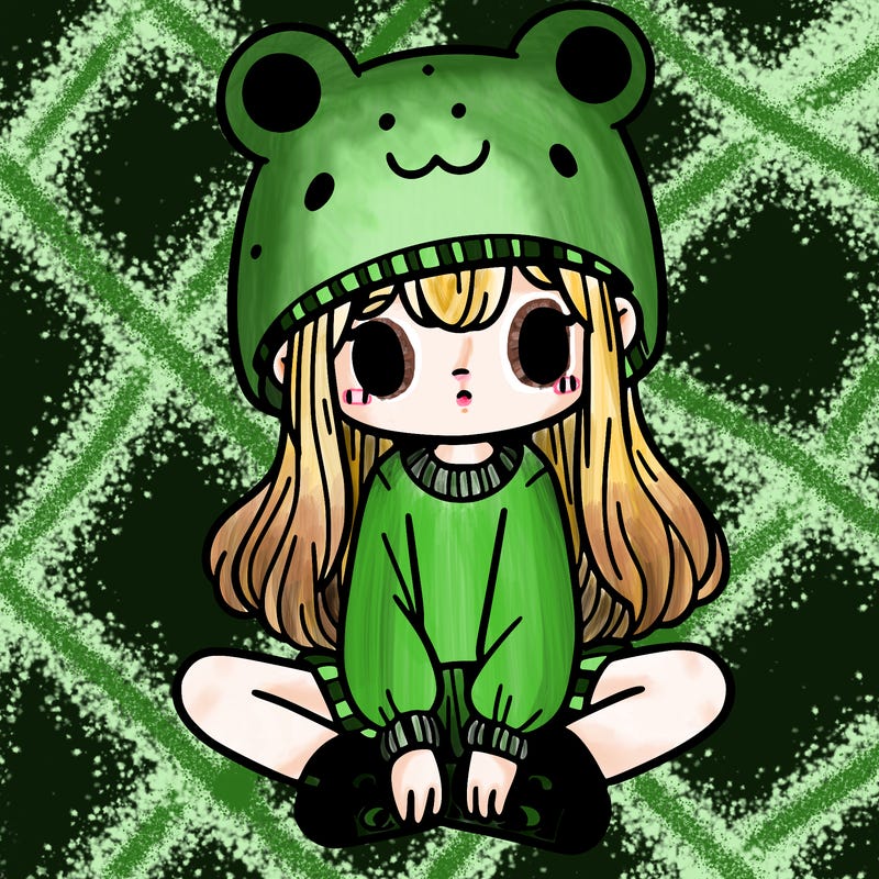 a girl wearing a frog hat and some frog socks