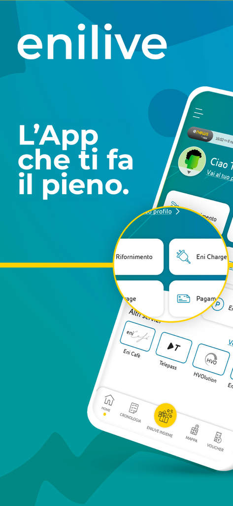 Enilive app interface displaying mobility services including refueling and EV charging options
