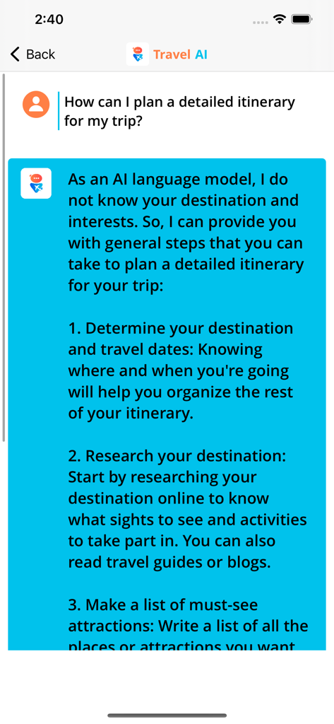 Travel AI - Chatbot - Captura de pantalla de una aplicación móvil que muestra el chatbot de Travel AI brindando pasos para planificar un itinerario de viaje.
