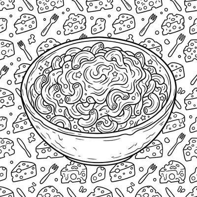 Settle in for a delicious coloring experience with this inviting macaroni and cheese design. Featuring a generous bowl of creamy elbow pasta and a playful background of cheese shapes, it's perfect for all ages.