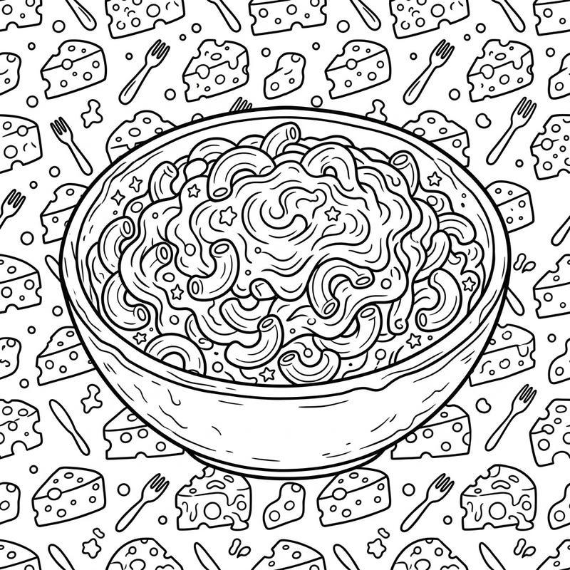Settle in for a delicious coloring experience with this inviting macaroni and cheese design. Featuring a generous bowl of creamy elbow pasta and a playful background of cheese shapes, it's perfect for all ages.