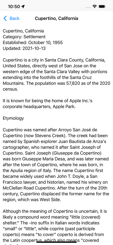 WikiPal USA App zeigt einen detaillierten Wikipedia-Artikel über Cupertino, Kalifornien