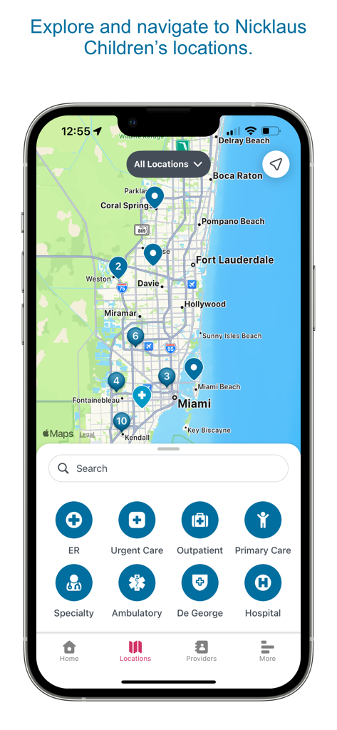 My Nicklaus Children's - Map of South Florida showing Nicklaus Children's hospital and urgent care locations.