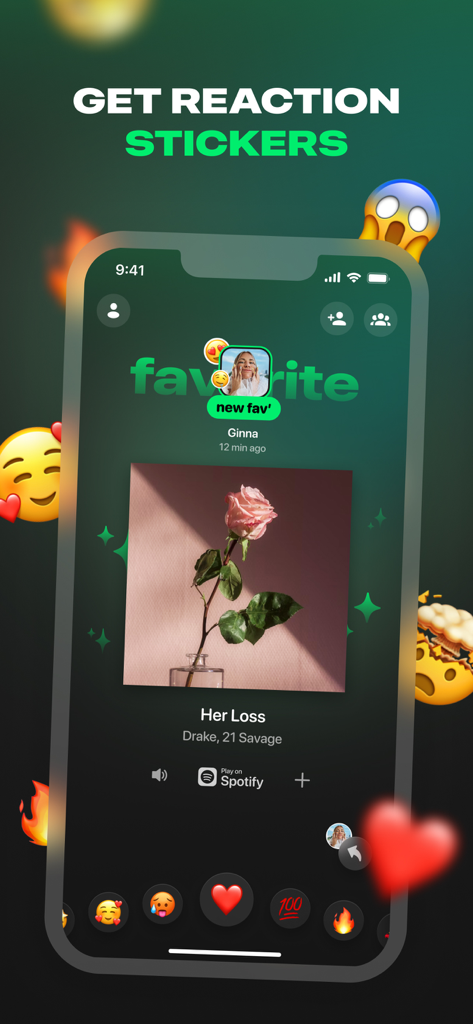 Airbuds Widget app interface displaying reaction stickers for music shared with friends.