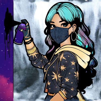 realistic girl with mask spray painting a wall