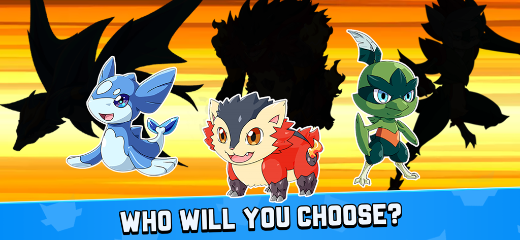 Tres monstruos únicos y sus siluetas evolucionadas con el texto ¿A quién elegirás?