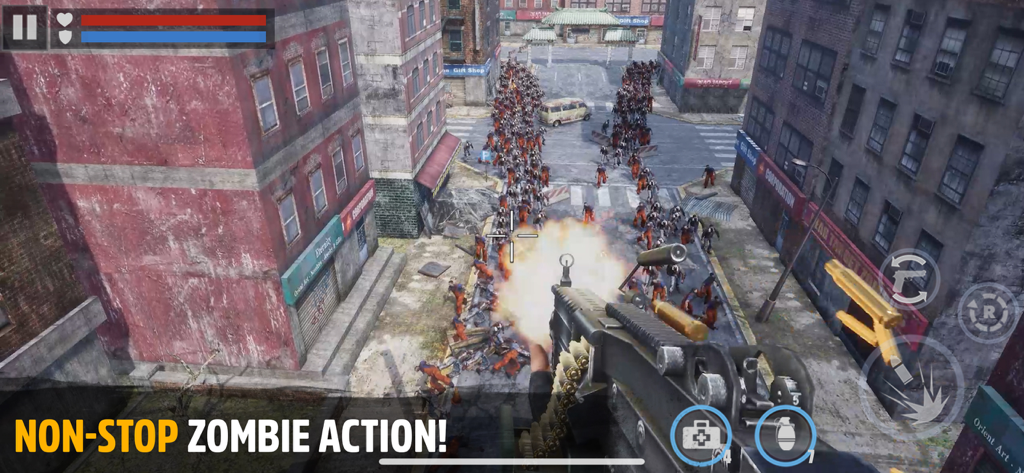 First person shooter gameplay showing a player firing a machine gun at a massive horde of zombies in a city street