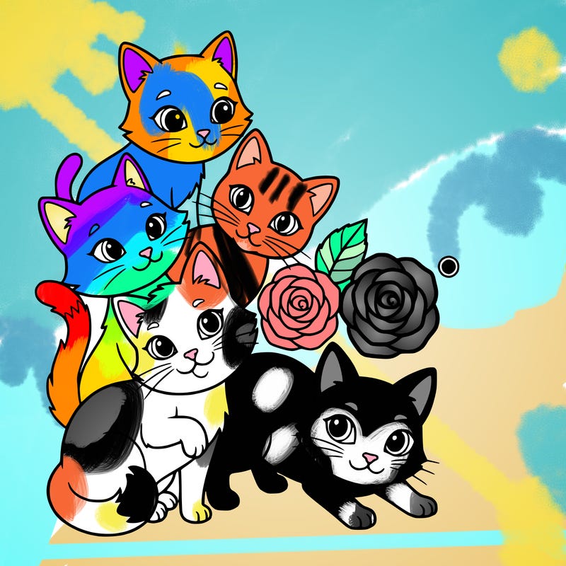 5 cute cats with a little 🌹 rose and a black ⚫️ rose