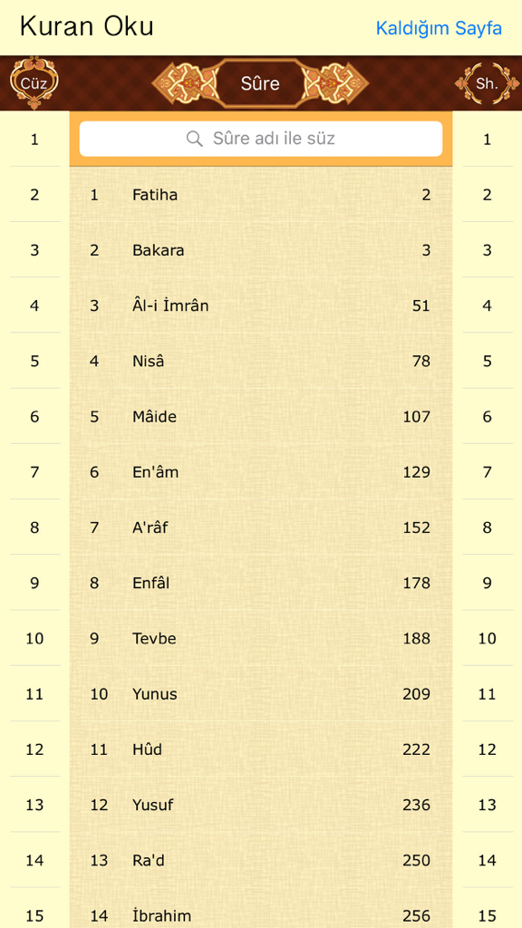 Kuran Oku - The chapter index screen of the Kuran Oku app showing a list of surahs with page numbers