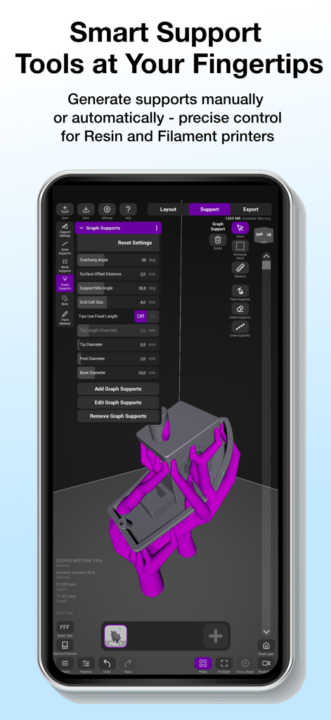 Pikaslice - Interface of the Pikaslice app on a smartphone showing advanced 3D printing support generation tools for a resin model