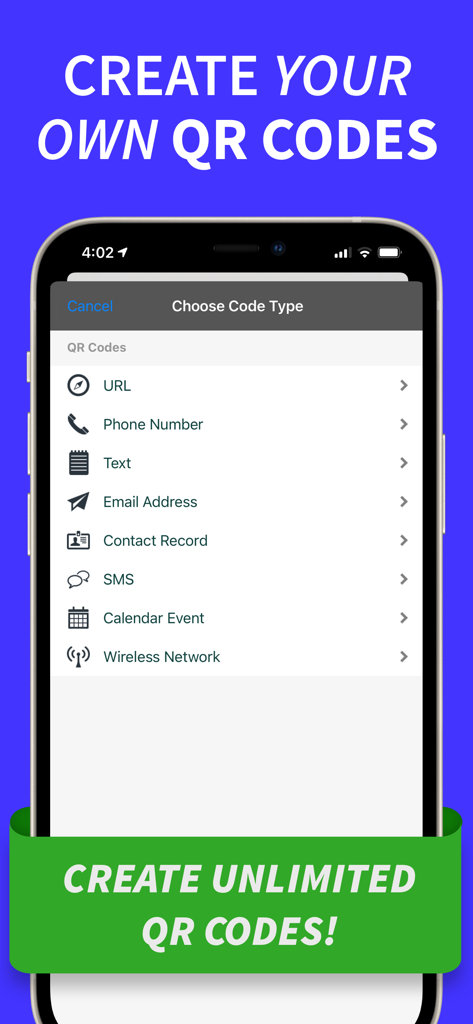 QR Code Reader & Code Scanner - Une interface mobile présentant des options pour créer des codes QR personnalisés pour les URL, les adresses e-mail et les numéros de téléphone.