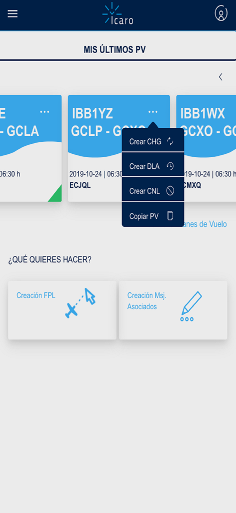 Dashboard of the ICARO app showing flight plan options including create, change, and delay flight plans